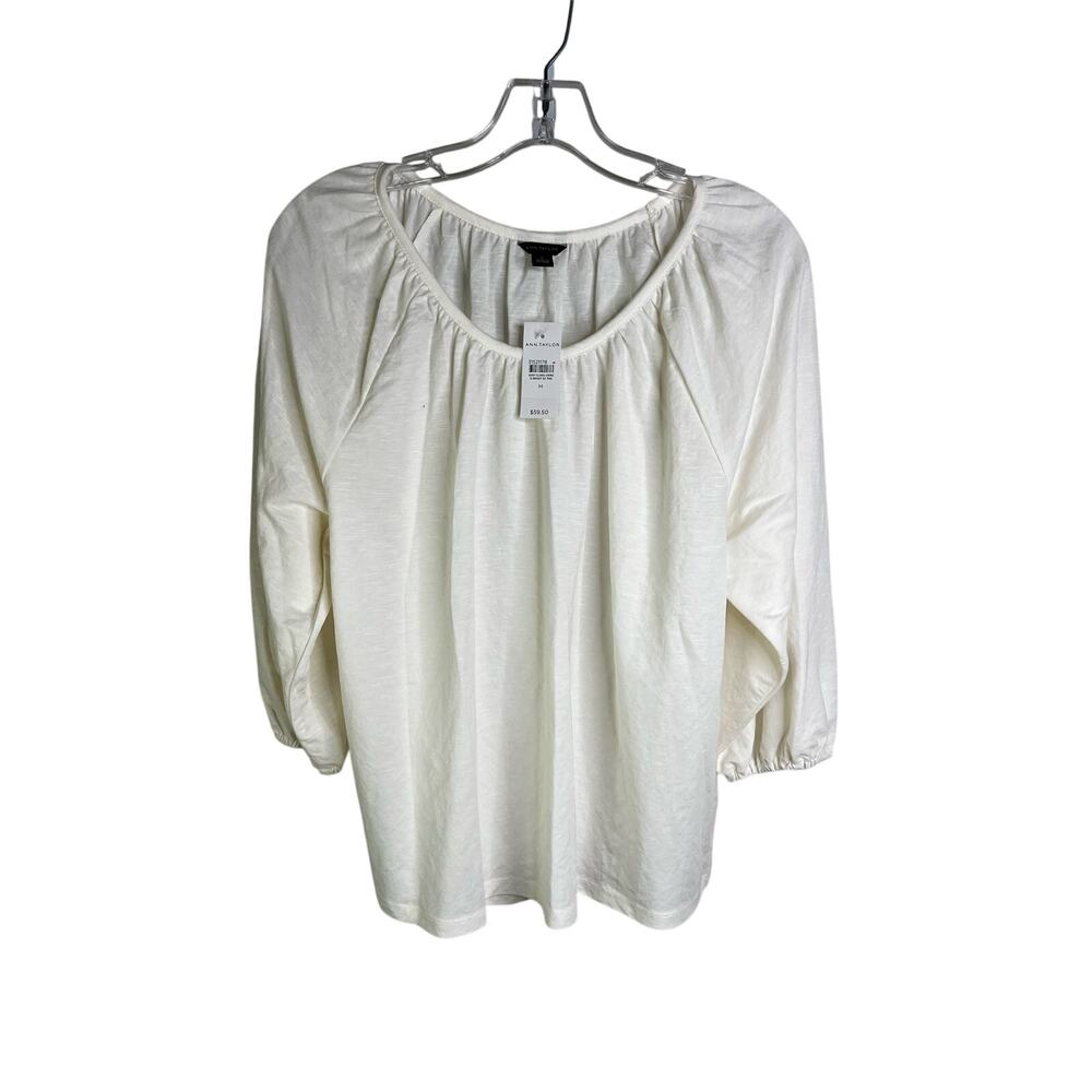 Ann Taylor Top Womens Medium White Elastic Off Shoulder Balloon Sleeve NWT‎